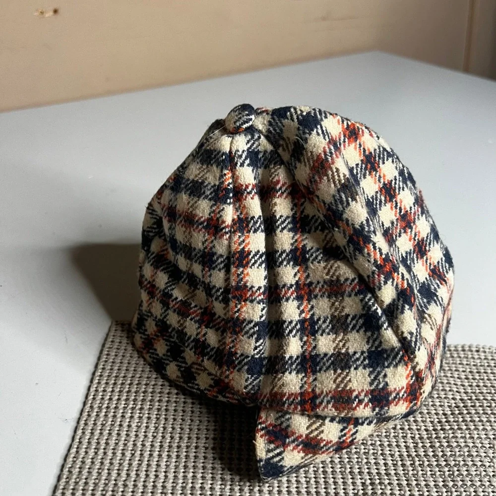 Vintage Kids Deerstalker Hat Plaid Wool Sherlock Holmes Cap with Ear Flaps 70s
